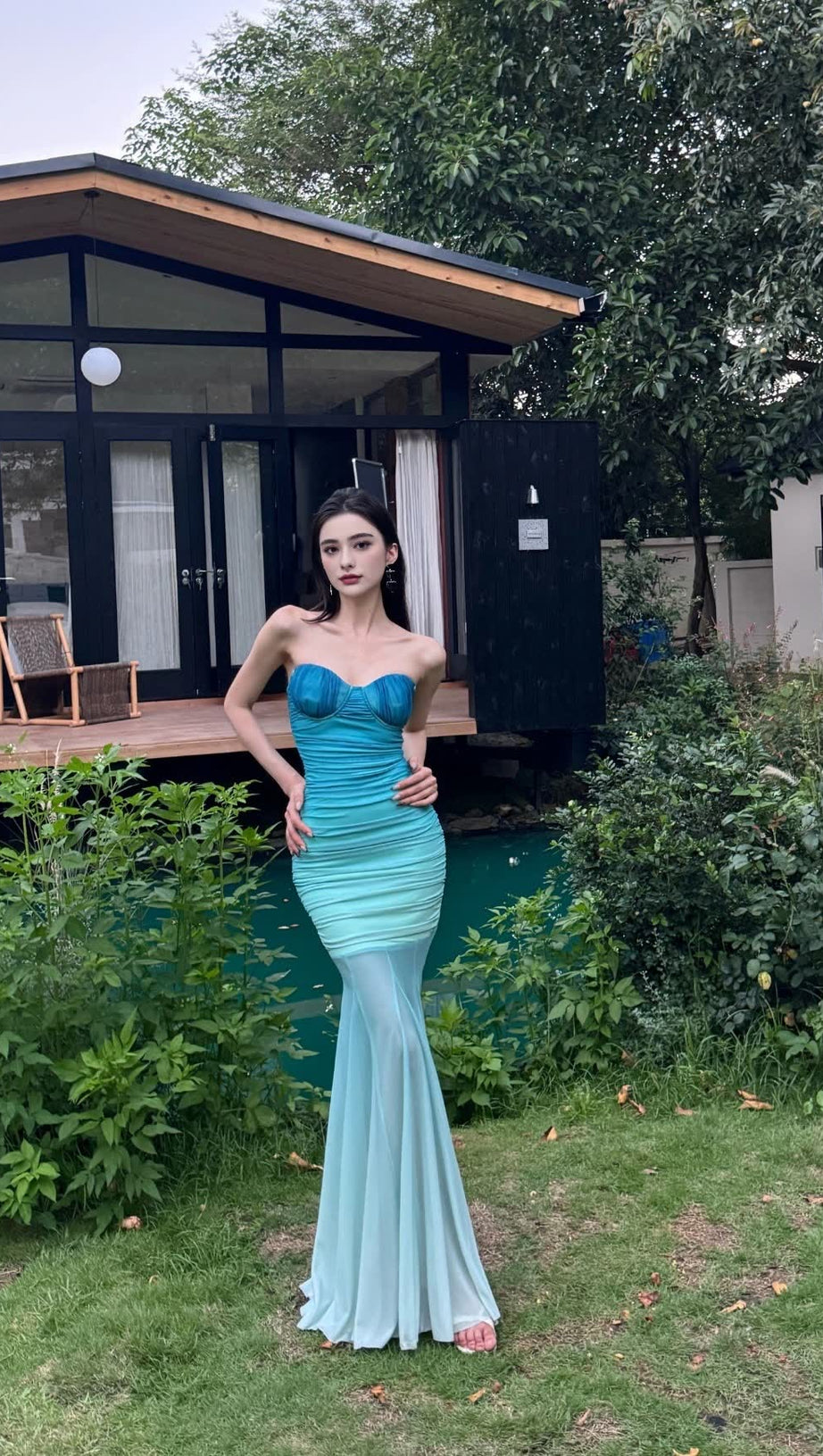 GRADIENT MESH SPLICING BODYCON STRAPLESS MAXI DRESS IN BLUE