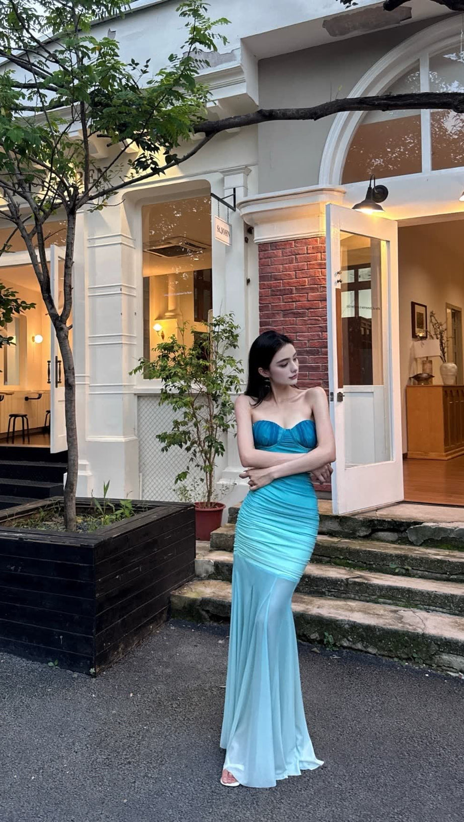 GRADIENT MESH SPLICING BODYCON STRAPLESS MAXI DRESS IN BLUE