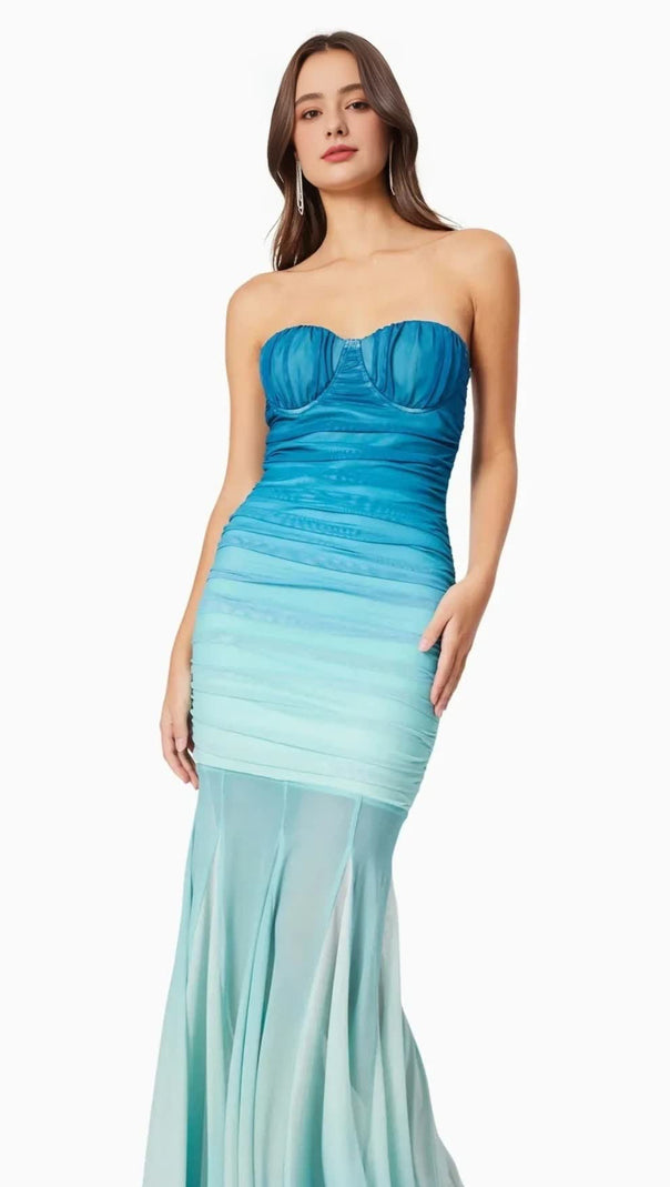 AIIZIE GRADIENT MESH SPLICING BODYCON STRAPLESS MAXI DRESS IN BLUE - product image