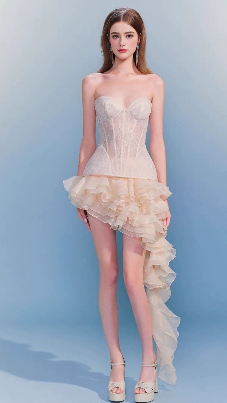 IRREGULAR PETAL LACE BODYCON MINI SKIRT SET IN BEIGE