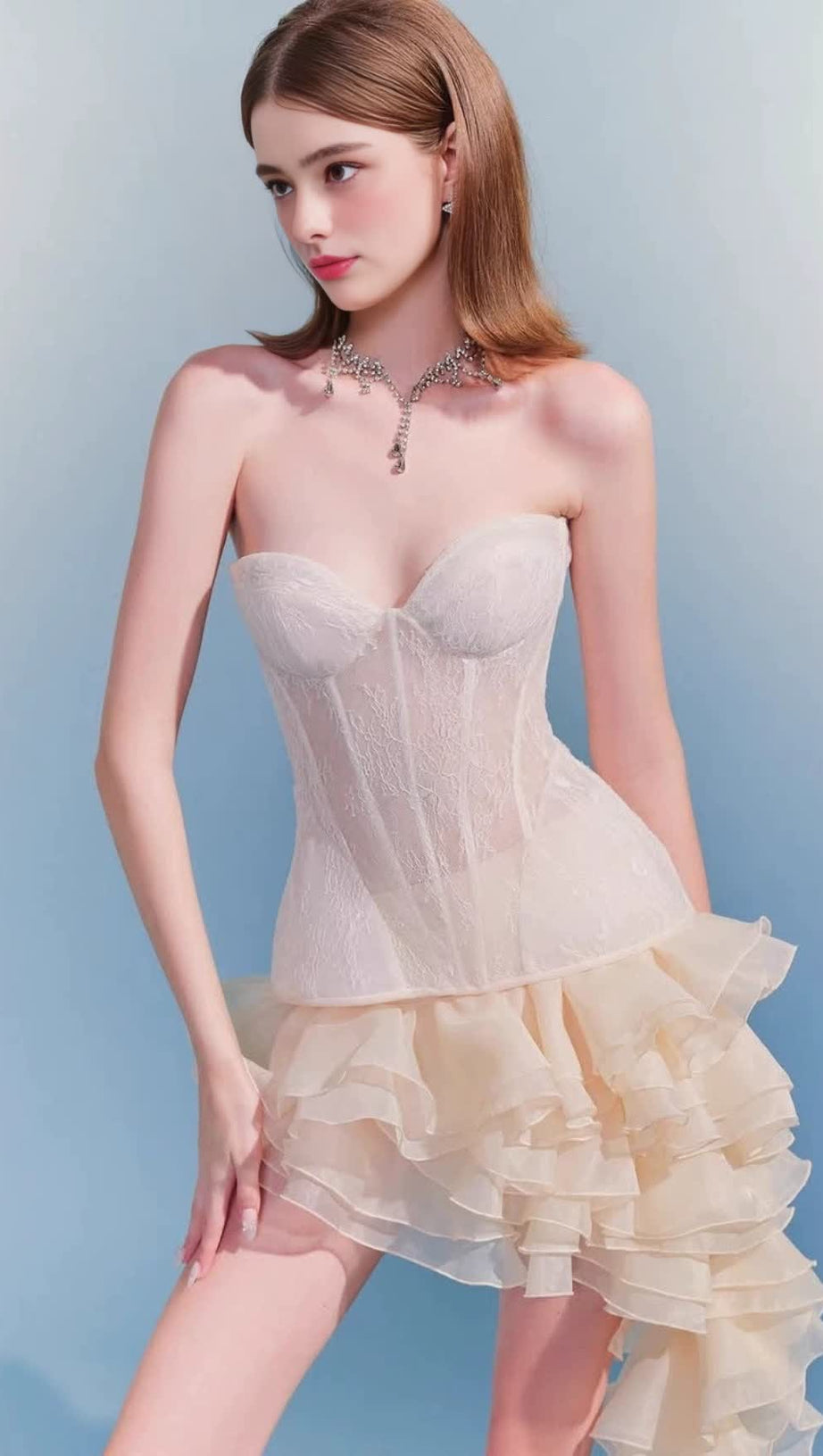 IRREGULAR PETAL LACE BODYCON MINI SKIRT SET IN BEIGE