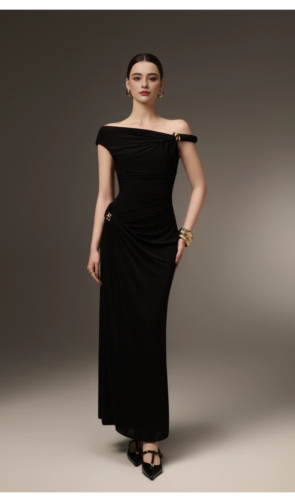 DELINE SHEATH GATHERED SPANDEX ANKLE LENGTH DRESS