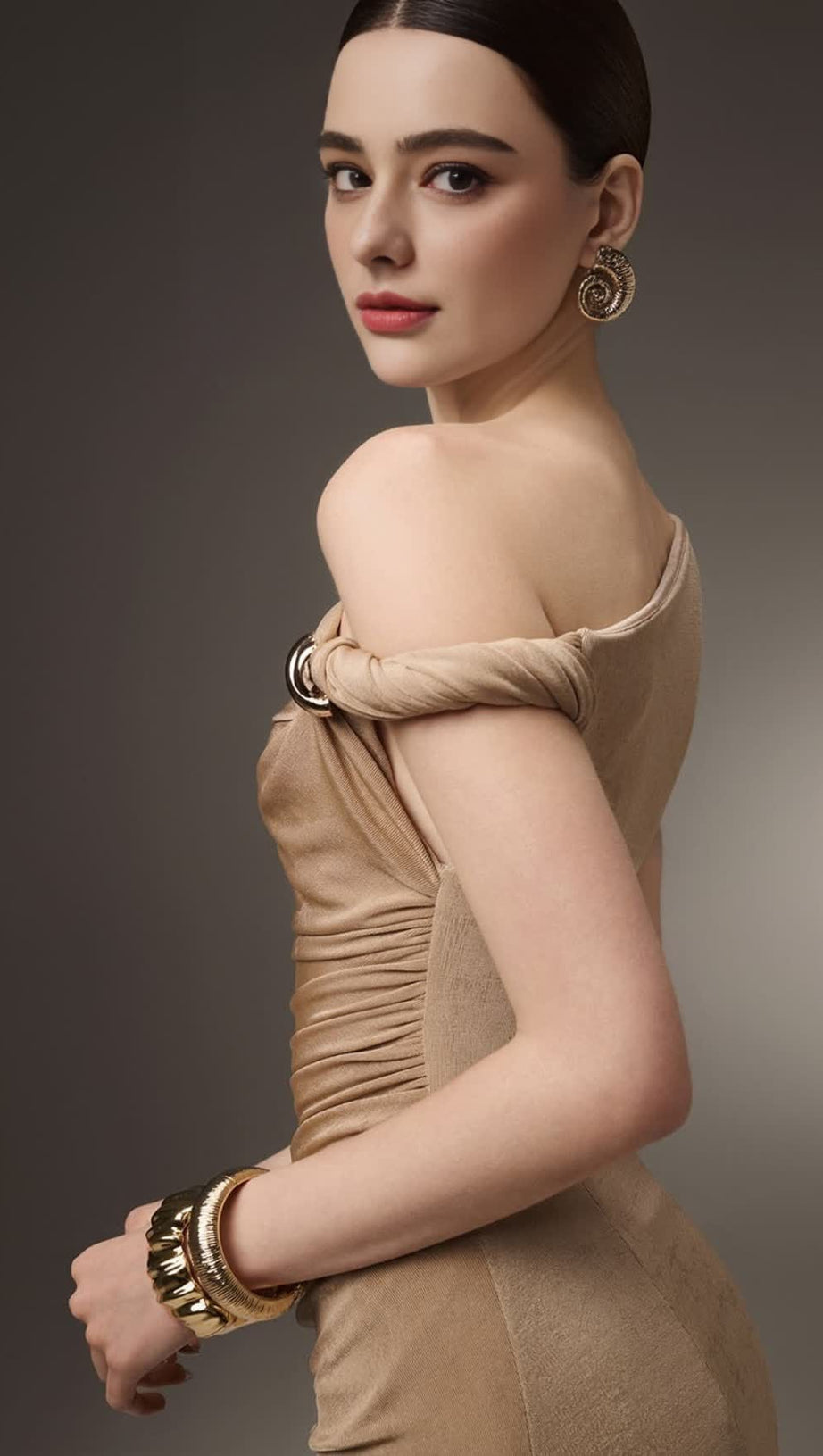 DELINE SHEATH GATHERED SPANDEX ANKLE LENGTH DRESS