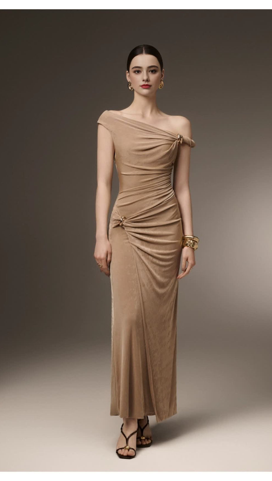 DELINE SHEATH GATHERED SPANDEX ANKLE LENGTH DRESS