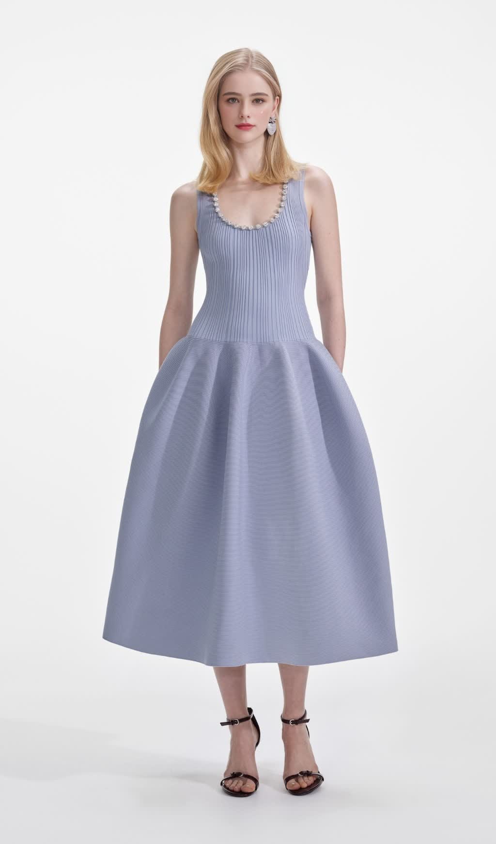 BLUE RIBBED KNIT DIAMANTE MIDI DRESS