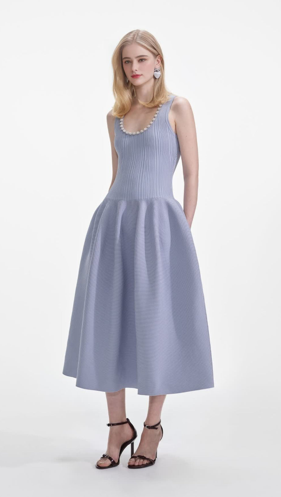 BLUE RIBBED KNIT DIAMANTE MIDI DRESS