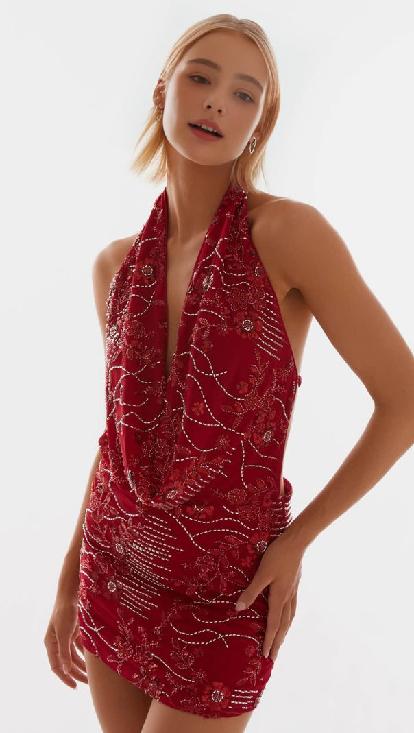 AIIZIE COWL NECK BEADED MINI DRESS IN RED - product image