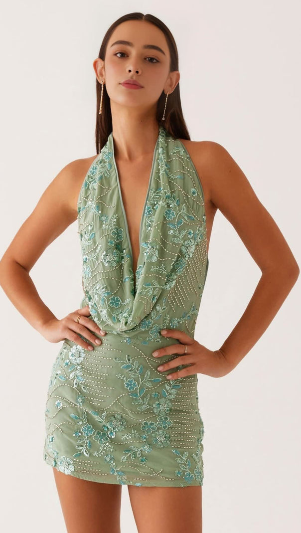 AIIZIE COWL NECK BEADED MINI DRESS IN MINT - product image