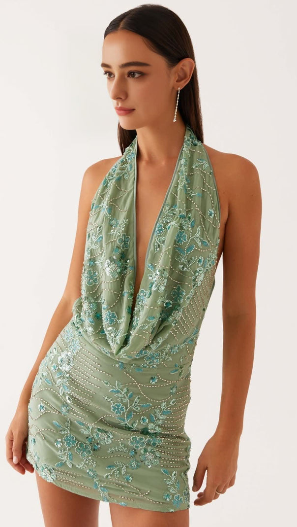 AIIZIE COWL NECK BEADED MINI DRESS IN MINT - product image