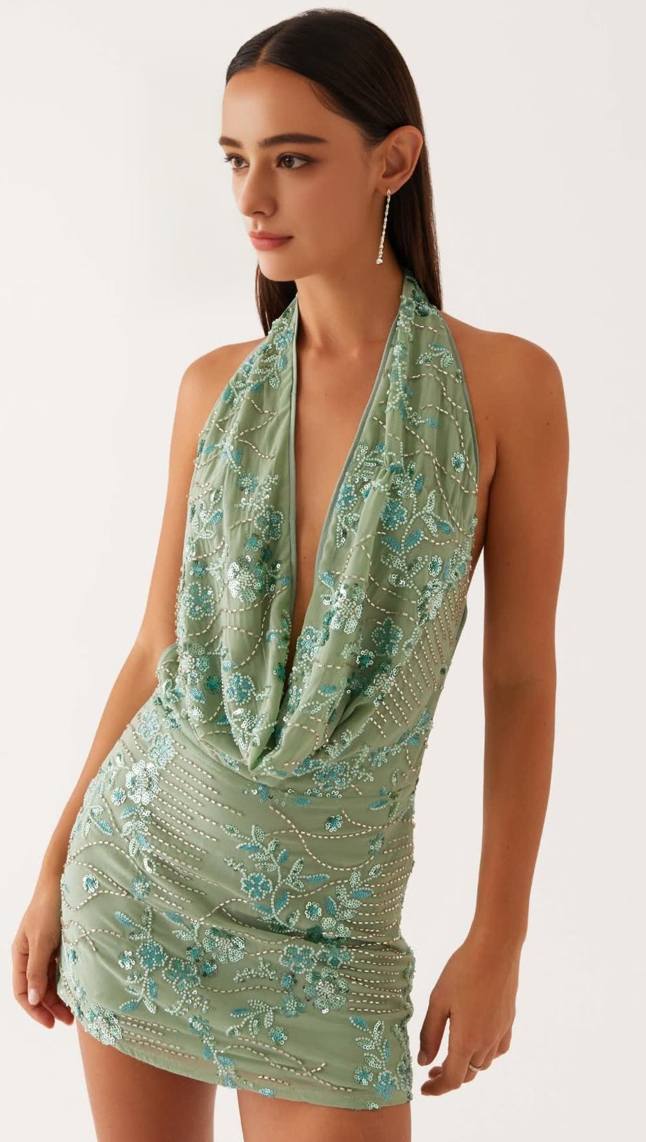 COWL NECK BEADED MINI DRESS IN MINT