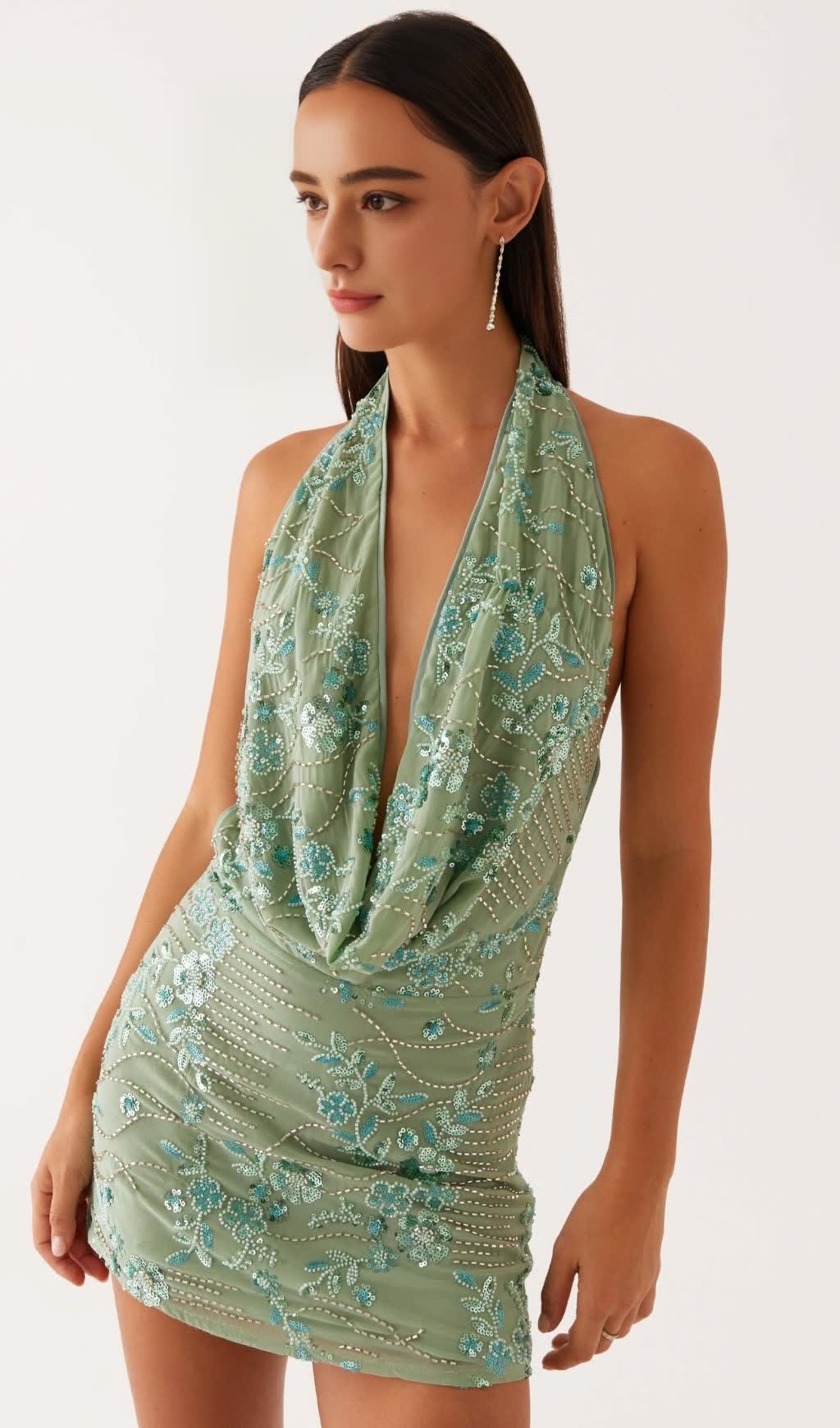 COWL NECK BEADED MINI DRESS IN MINT