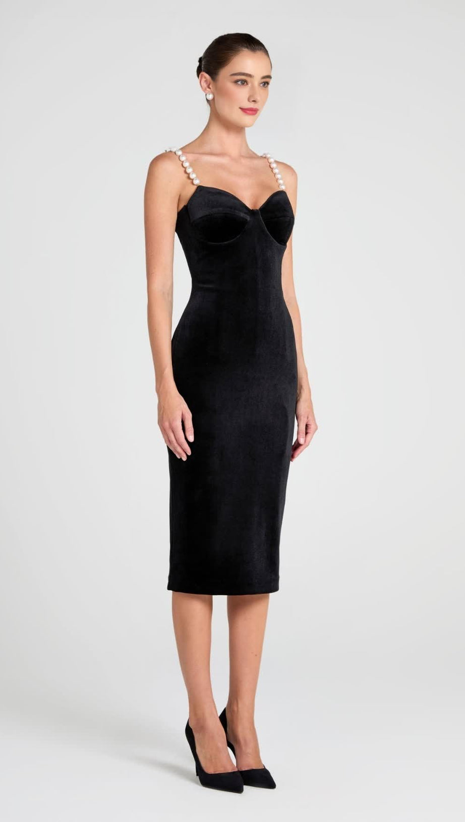 VELVET PEARL EMBELLISHED MIDI DRESS