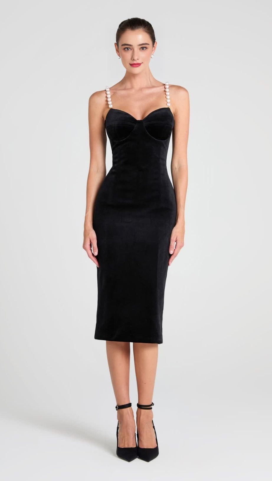 VELVET PEARL EMBELLISHED MIDI DRESS