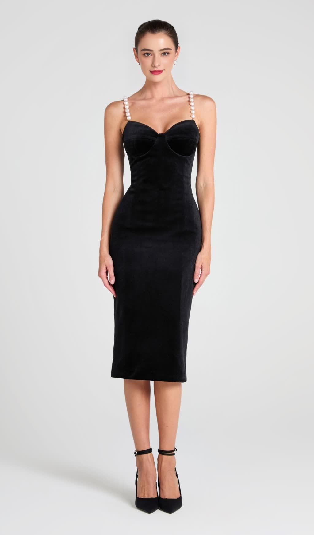 VELVET PEARL EMBELLISHED MIDI DRESS