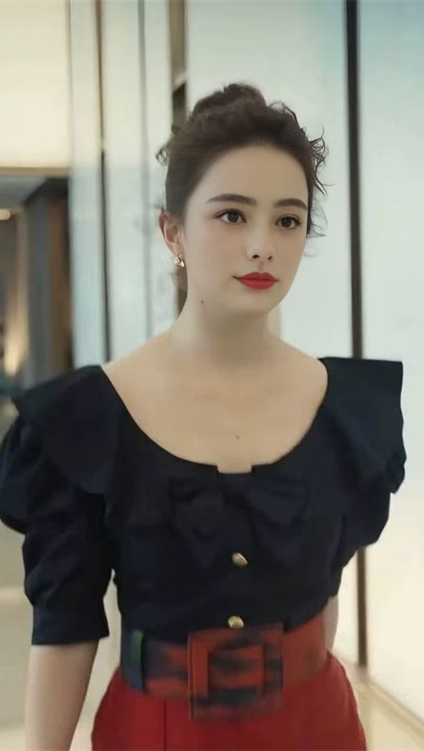 AIIZIE BLACK TOP WITH RUFFLED LARGE ROUND NECK - product image