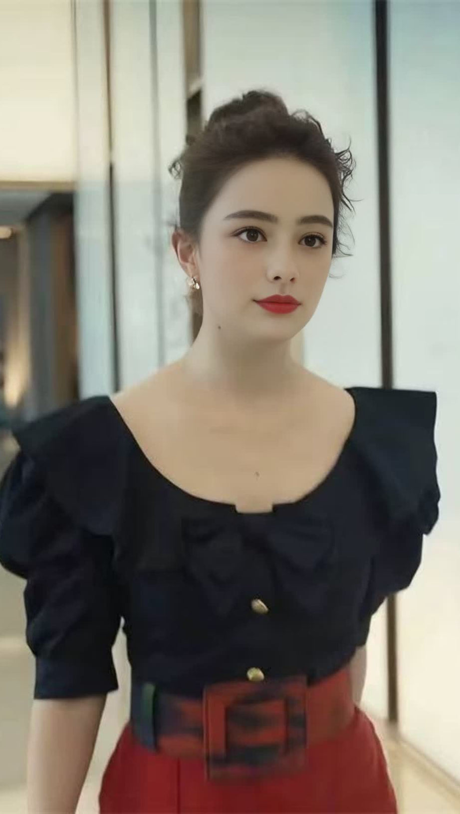 BLACK  TOP WITH RUFFLED LARGE ROUND NECK