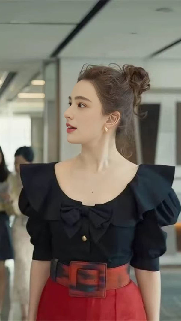 AIIZIE BLACK TOP WITH RUFFLED LARGE ROUND NECK - product image