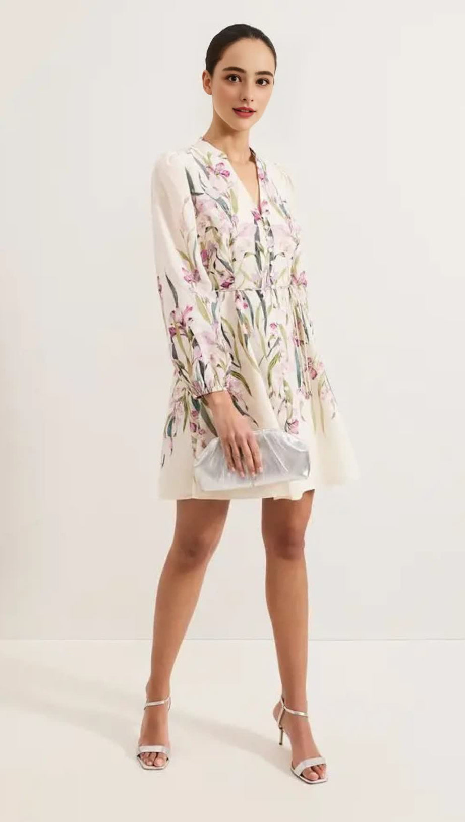 FLORAL PRINT BLOUSON SLEEVE MINI DRESS IN IVORY