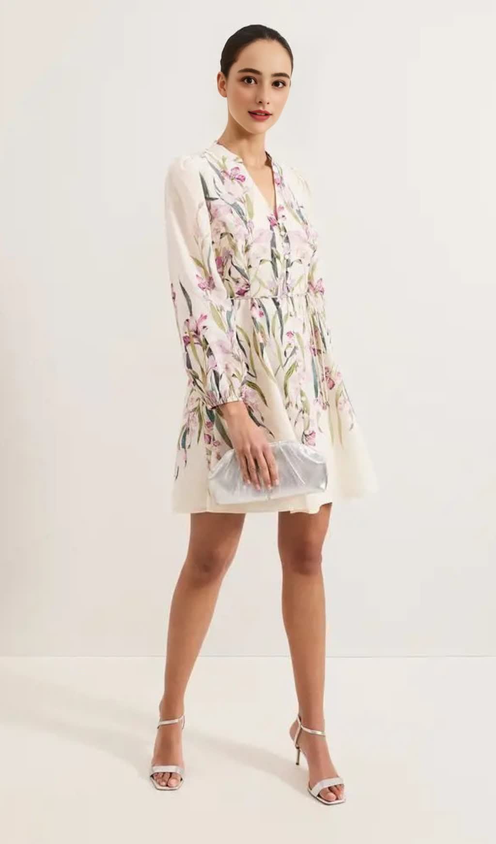 floral print Blouson sleeve mini dress in ivory