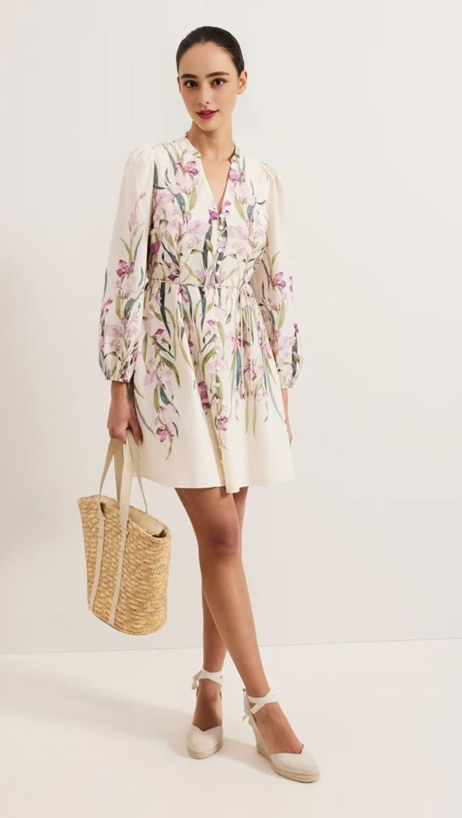 FLORAL PRINT BLOUSON SLEEVE MINI DRESS IN IVORY