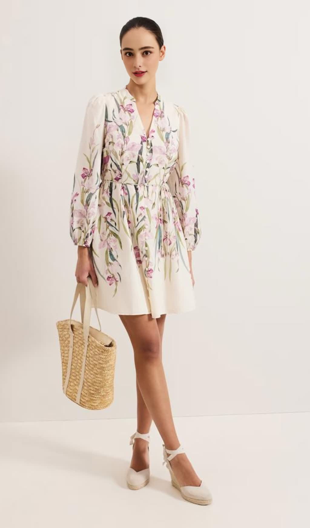 floral print Blouson sleeve mini dress in ivory