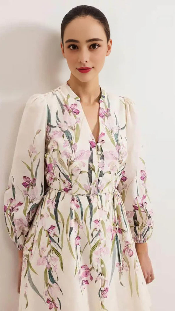 AIIZIE FLORAL PRINT BLOUSON SLEEVE MINI DRESS IN IVORY - product image