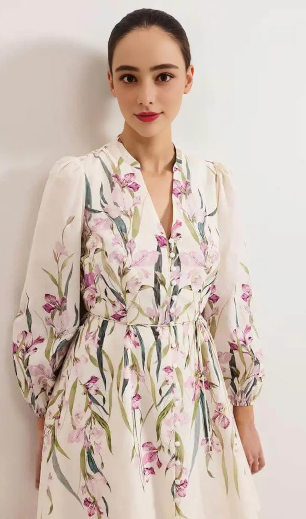 floral print Blouson sleeve mini dress in ivory