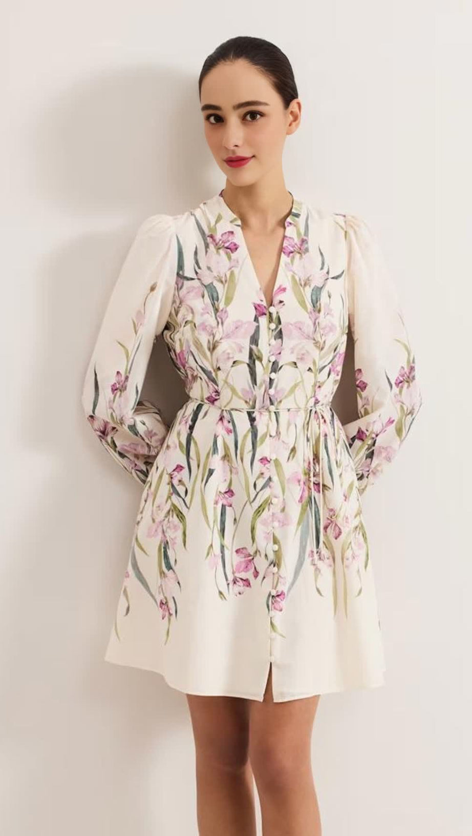 FLORAL PRINT BLOUSON SLEEVE MINI DRESS IN IVORY