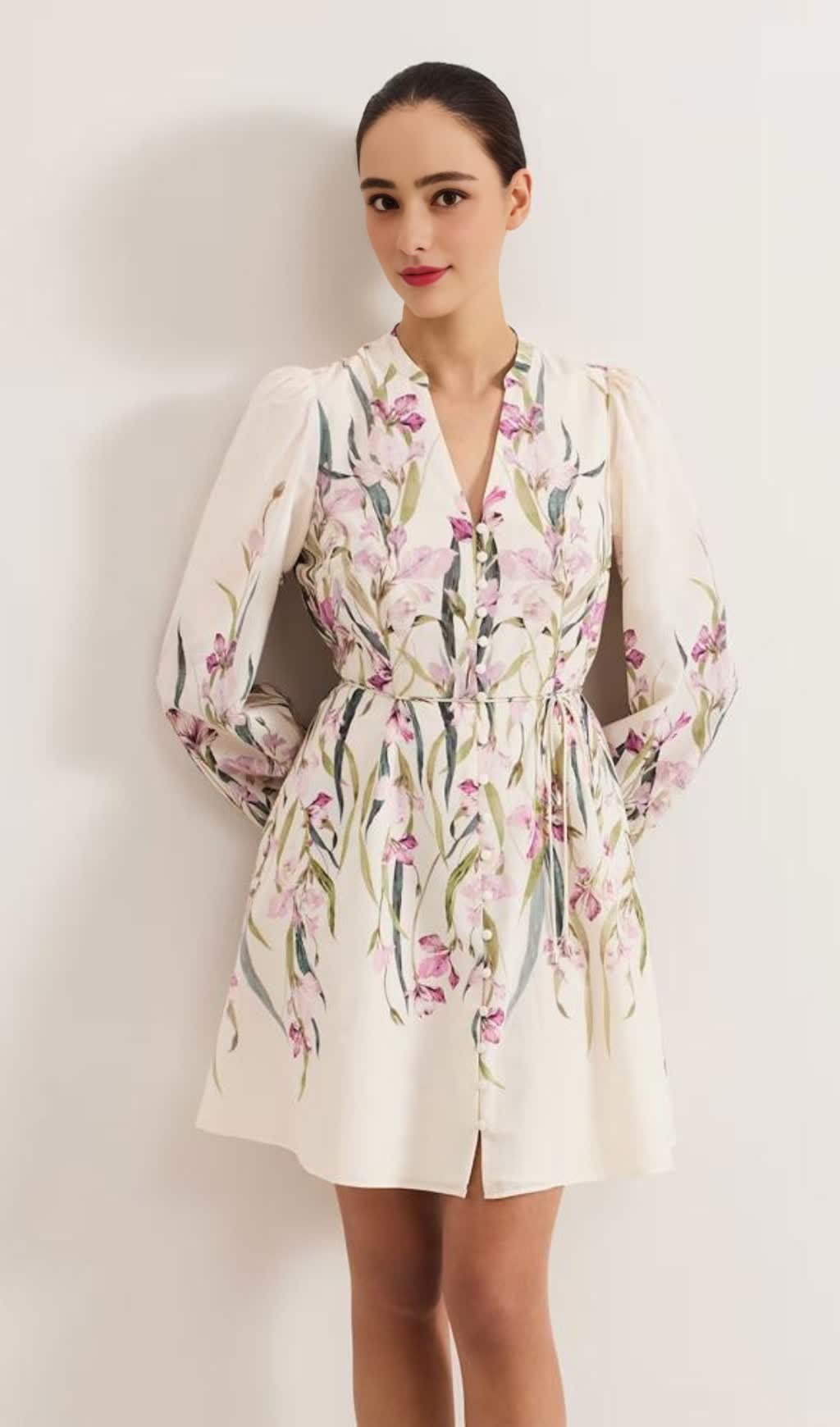 floral print Blouson sleeve mini dress in ivory