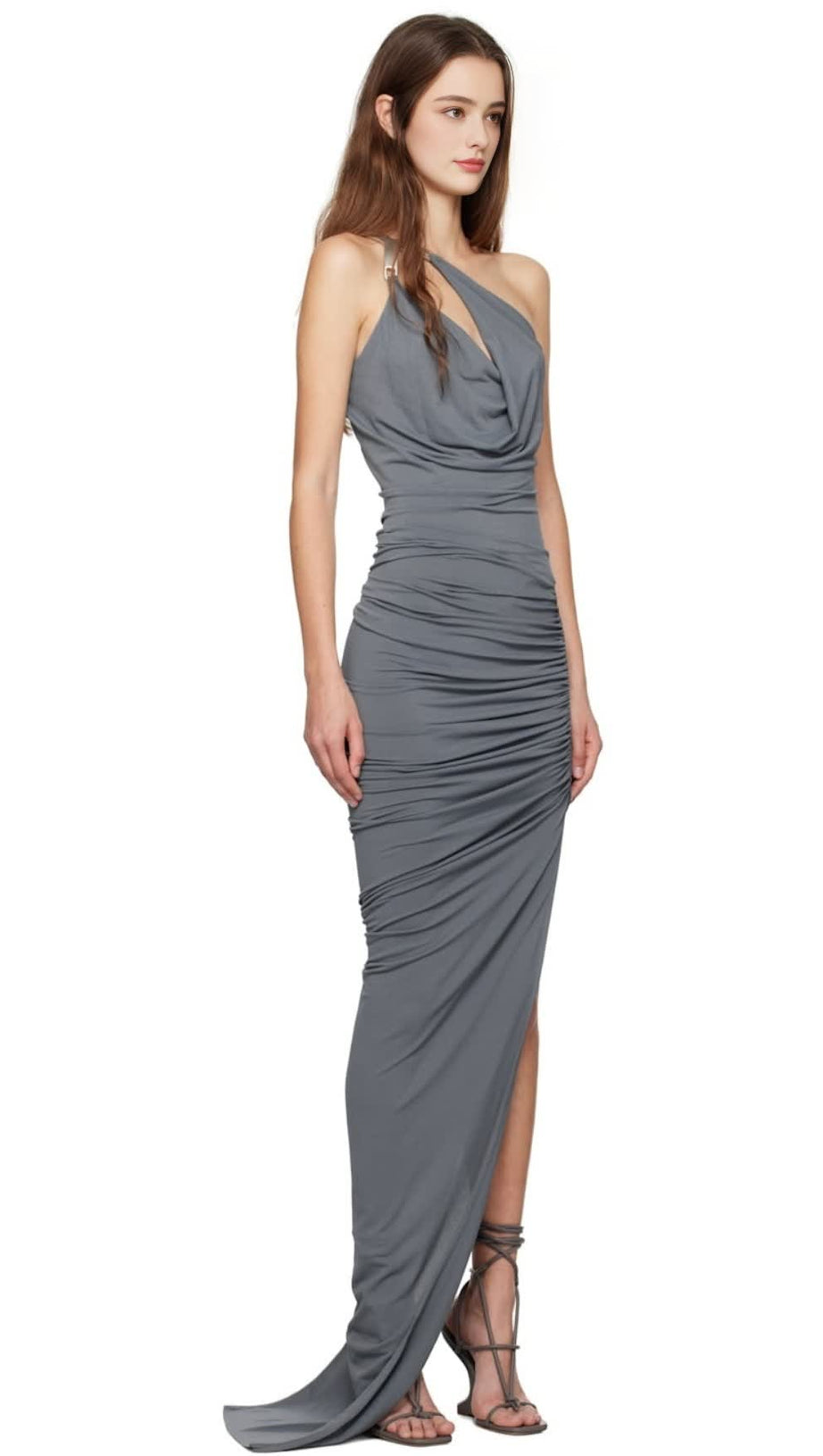 ONE-SHOULDER SLEEVELESS RUCHED BODYCON MAXI DRESS IN GREY