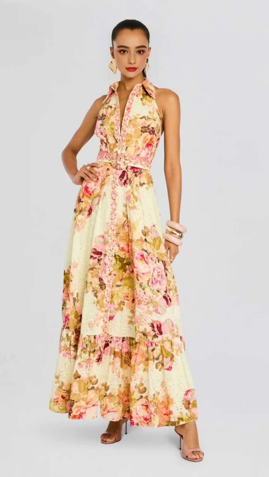 MULTICOLOR EMBROIDERY PRINT MAXI SHIRT DRESS