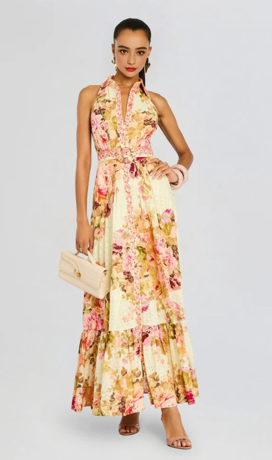 multicolor embroidery print maxi shirt dress