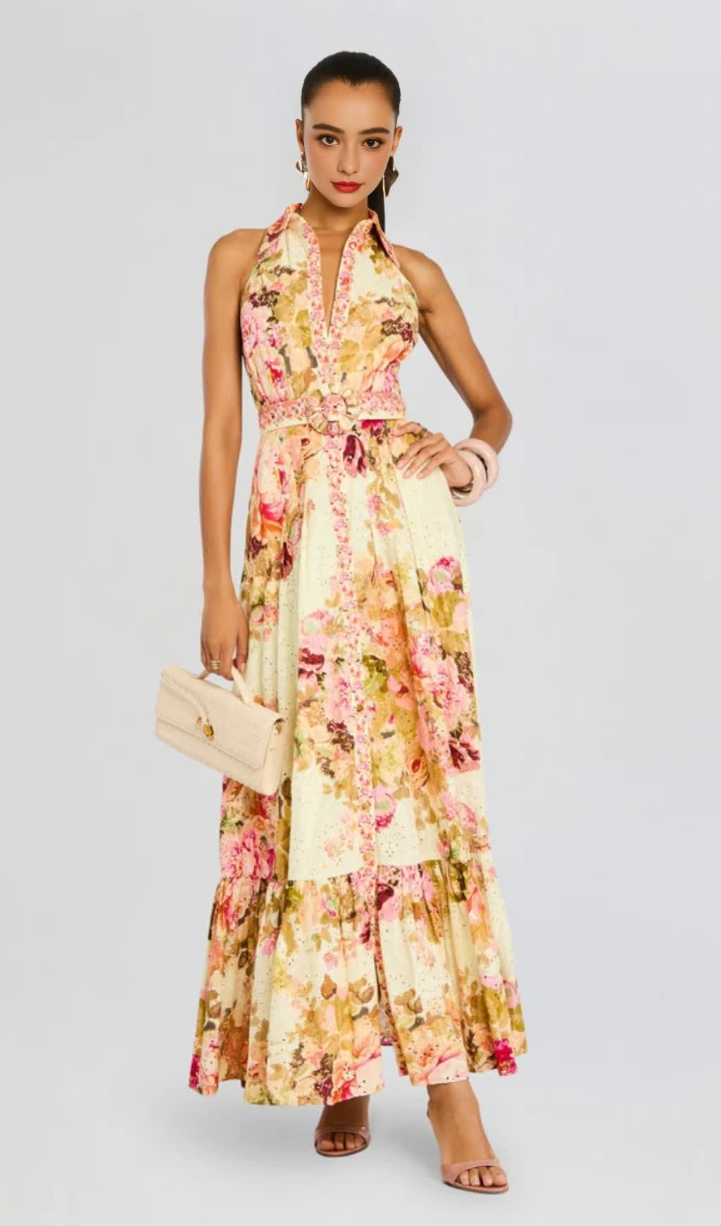 MULTICOLOR EMBROIDERY PRINT MAXI SHIRT DRESS