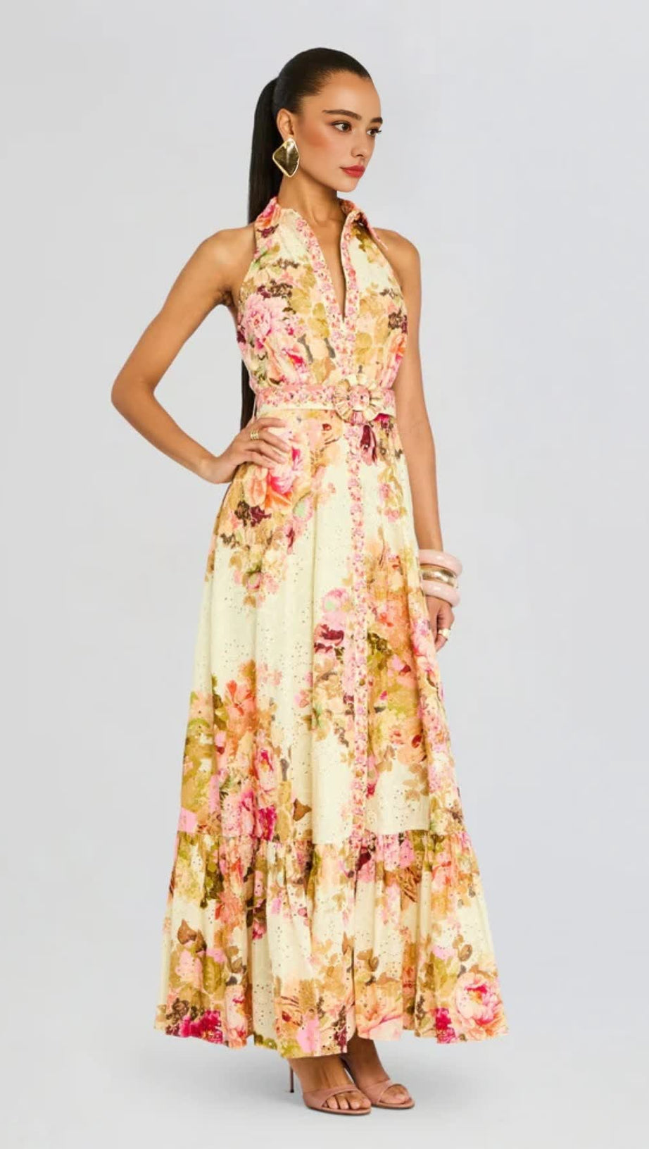 MULTICOLOR EMBROIDERY PRINT MAXI SHIRT DRESS