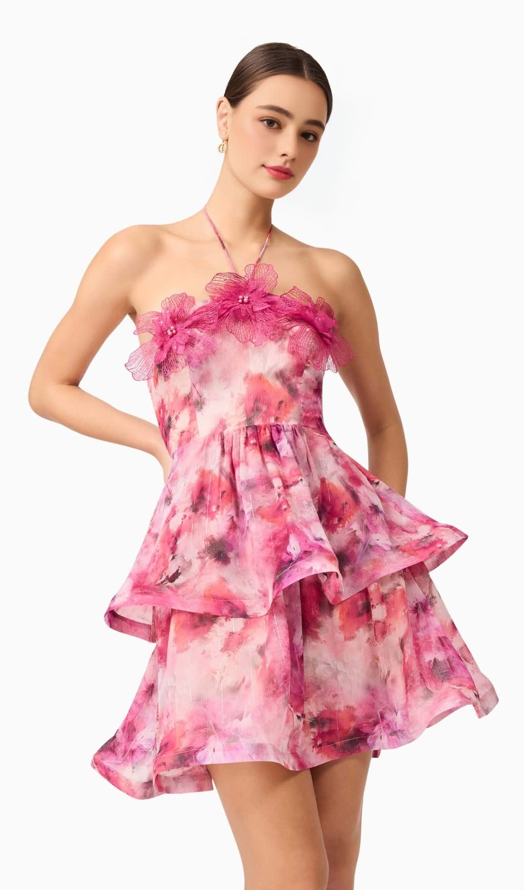 EVALINA FLORAL MINI DRESS IN PINK