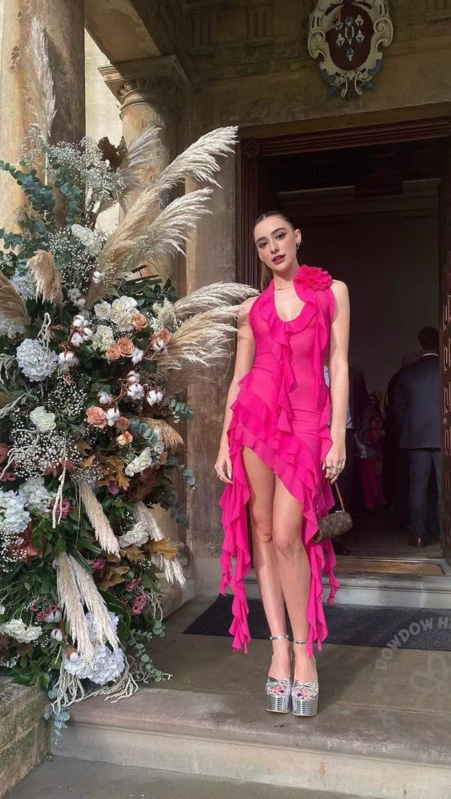 ROSE RED RUFFLED HALTER NECK MINI DRESS