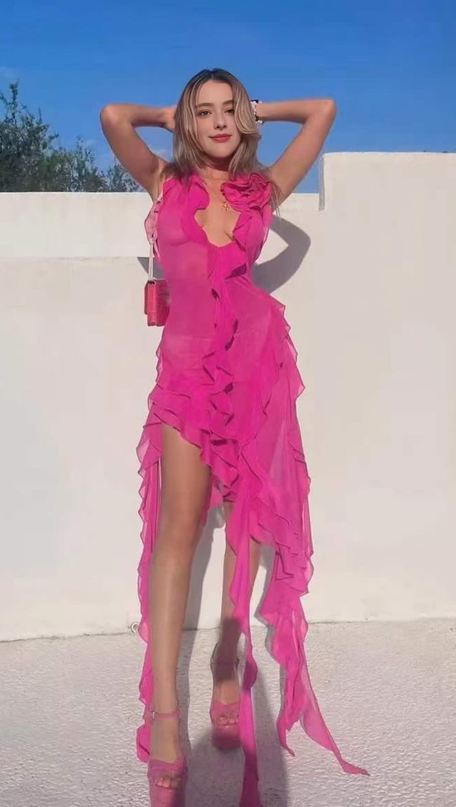 ROSE RED RUFFLED HALTER NECK MINI DRESS