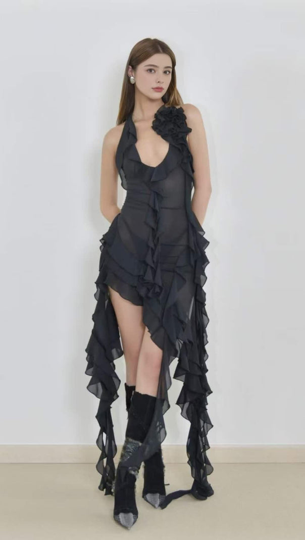 AIIZIE BLACK RUFFLED HALTER NECK MINI DRESS - product image