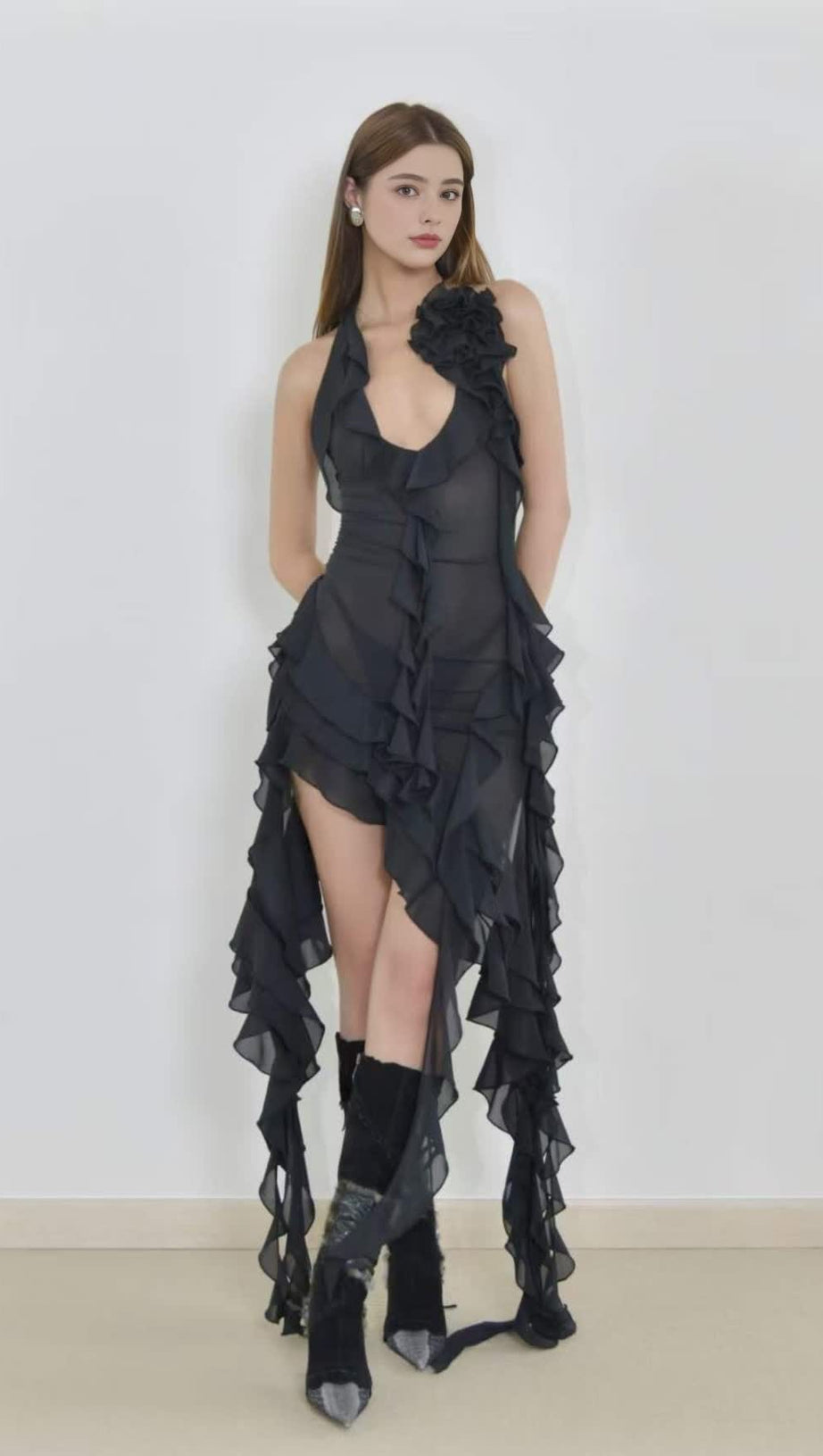 BLACK RUFFLED HALTER NECK MINI DRESS