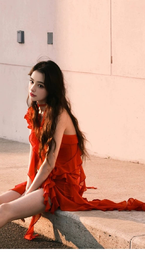 AIIZIE RED RUFFLED HALTER NECK MINI DRESS - product image