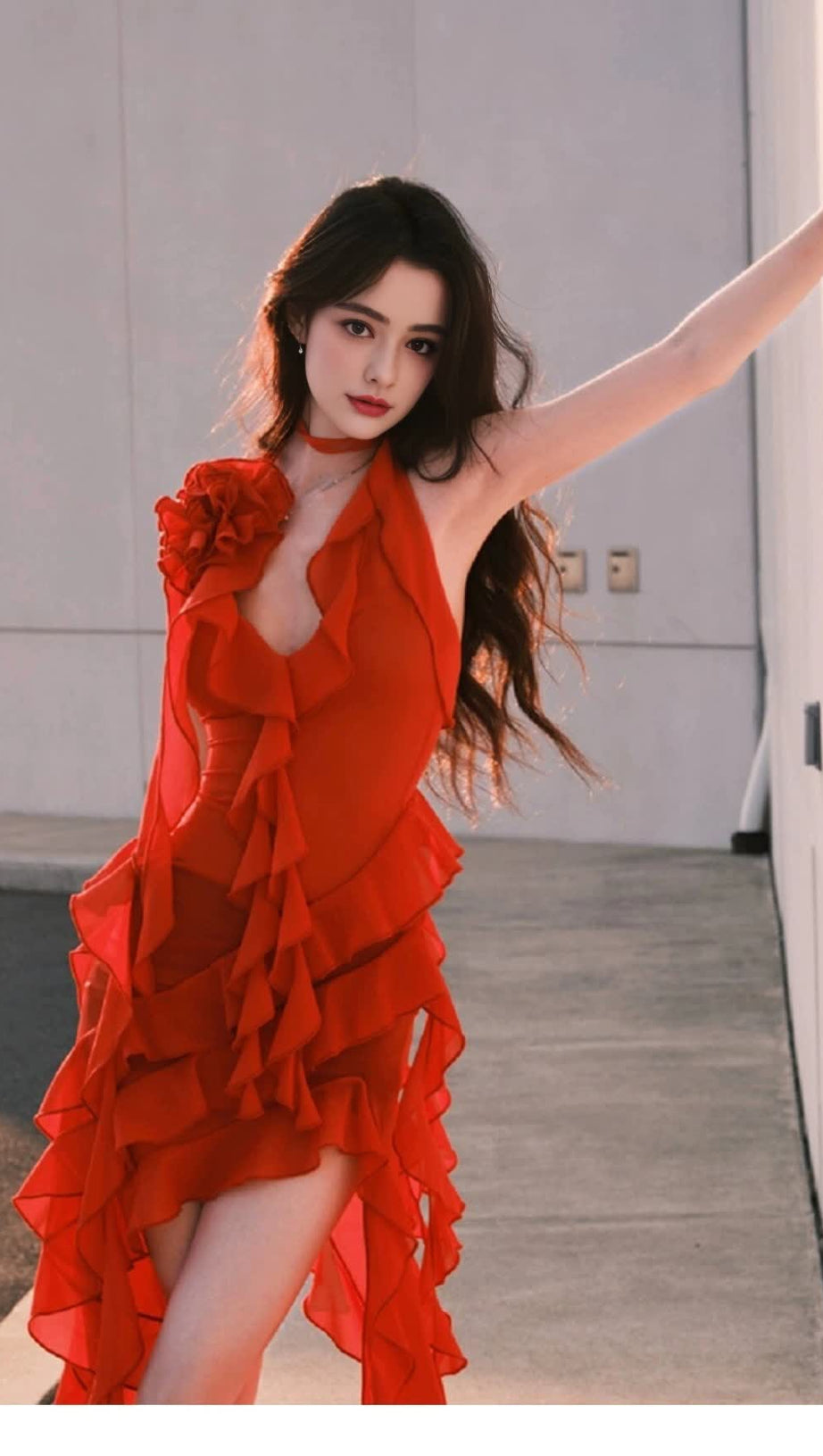 RED RUFFLED HALTER NECK MINI DRESS