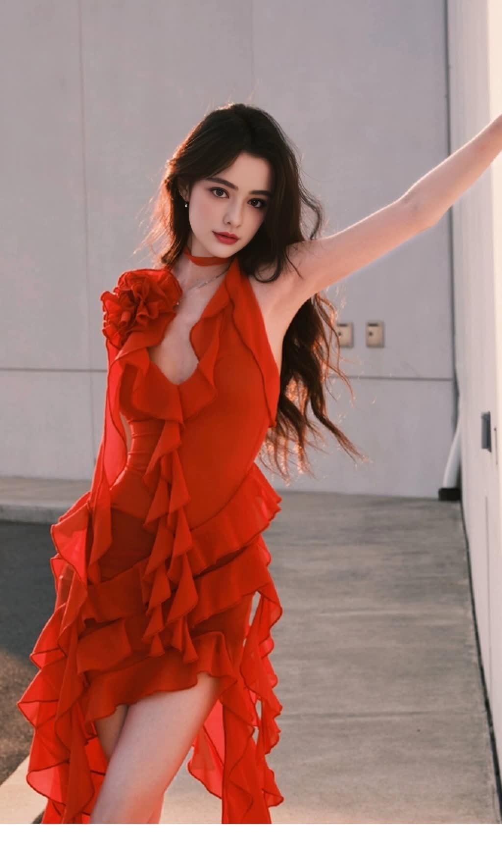 RED RUFFLED HALTER NECK MINI DRESS