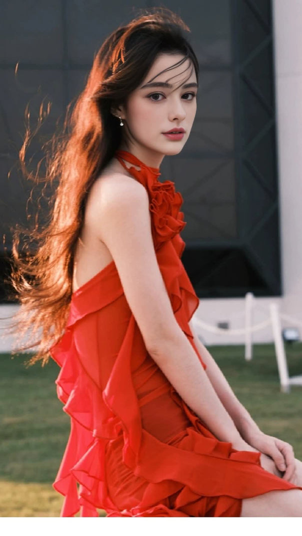 AIIZIE RED RUFFLED HALTER NECK MINI DRESS - product image