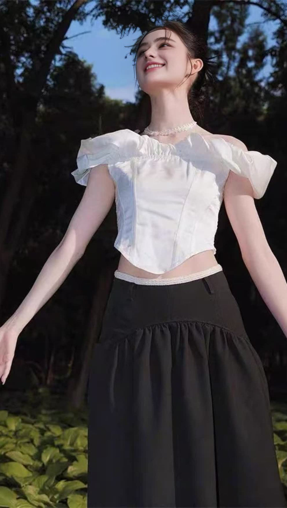 WHITE RUFFLED OFF - THE - SHOULDER SHORT TOP