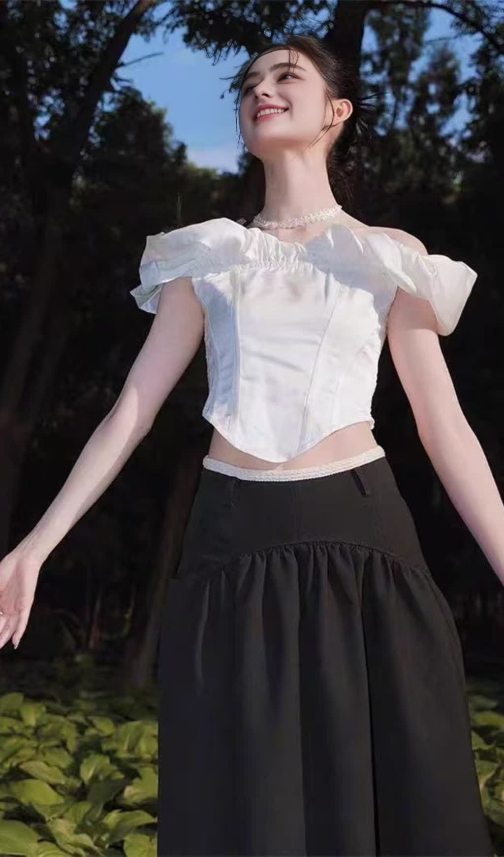 WHITE RUFFLED OFF - THE - SHOULDER SHORT TOP