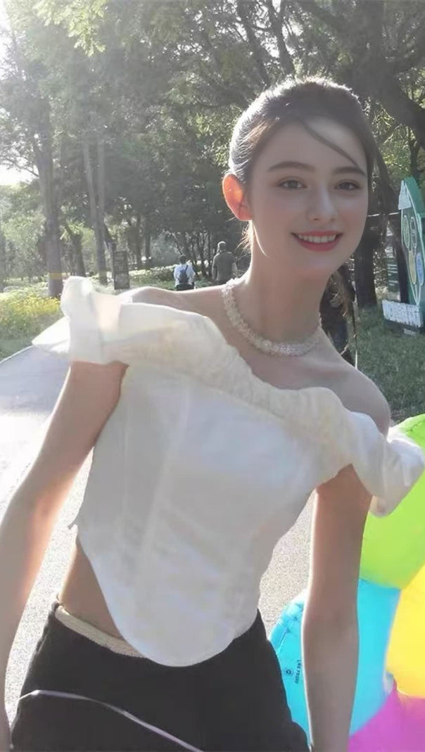 AIIZIE WHITE RUFFLED OFF - THE - SHOULDER SHORT TOP - product image
