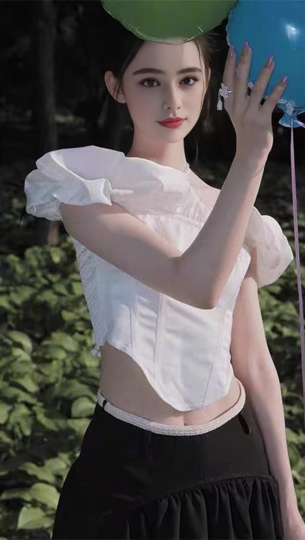 AIIZIE WHITE RUFFLED OFF - THE - SHOULDER SHORT TOP - product image