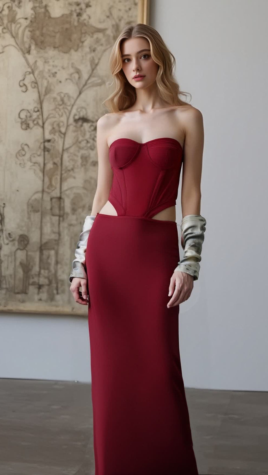BURGUNDY MIDI DRESS WITH BANDEAU, BONED CORSET DESIGN