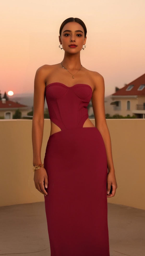 AIIZIE BURGUNDY MIDI DRESS WITH BANDEAU, BONED CORSET DESIGN - product image