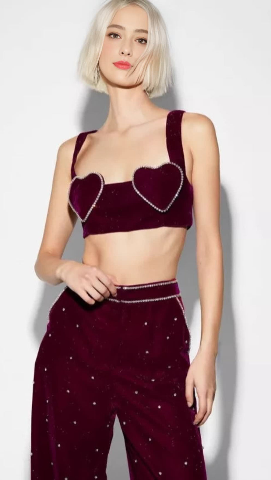 BURGUNDY LOVE - SHAPED BANDAGE CROP TOP HIGH - WAISTED WIDE - LEG PANTS SET